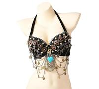 ATEUXOL Haut de Danseuse du Ventre Soutien-Gorge Vintage Tribal Belly Dance Push Up Bra Perles en Bois Top(Black,XL)