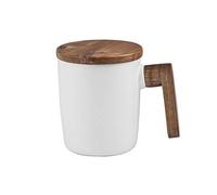 Atfung Tasse à café en céramique avec Couvercle en Bois et Anse, Tasse à café, Tasse à café, Tasse en Porcelaine 300 ML, Porcelaine Céramique Bois, Blanc
