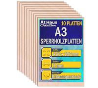 AtHaus Lot de 10 feuilles de contreplaqué A3 de 3 mm | 420 x 297 mm | Contreplaqué de bouleau | Feuille parfaite pour la découpe laser, routeur CNC, pyrogravure, scie à chantourner et ajourées |