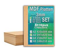 AtHaus Lot de 5 plaques en bois MDF A3-420 x 297 mm - 3 mm - Panneaux en bois fins - Découpe pour le bricolage, la peinture, la modélisation, la gravure, parfait pour les lasers, les routeurs CNC
