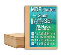 AtHaus Lot de 5 plaques en bois MDF A4 297 x 210 mm - 3 mm - Panneaux en bois fins - Découpe pour le bricolage, la peinture, la modélisation, la gravure, parfait pour les lasers, les routeurs CNC