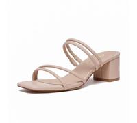 Athlefit Chunky Heels Sandals for Women Square Open Toe Slip On Heels Sexy Double Strap Block Nude Heels Sandals Size 9