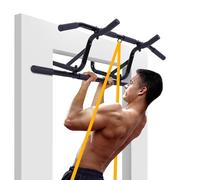 AthleticPro Barre de Traction sans Perçage pour Encadrement de Porte - Barre Surélevée jusqu'à 140 kg - 4 Positions de Prise, Antidérapante, Portes jusqu'à 90 cm - Bande Élastique Incluse