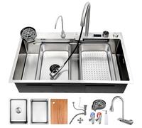 ATHOMASM Évier de cuisine, 85 x 50 cm, argenté, en acier inoxydable 304, avec robinet extensible cascade, rince-tasses, distributeur de savon, siphon, tuyau d'évacuation, grand évier de cuisine, 1 bac