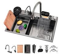 ATHOMASM Évier en acier inoxydable 85 x 50 cm | Évier encastrable avec écran de température numérique, design cascade et panier d'égouttement | Évier de cuisine multifonction 1 bac