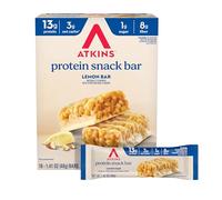 Atkins Lot de 16 barres à goûter, barre citron, 13 g de protéines, 3 g de glucides nets, 1 g de sucre, fabriquée avec du vrai beurre d'amande, sans gluten, riche en fibres, compatible avec le régime