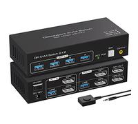 ATLAHET Displayport Commutateur KVM 2 moniteurs 2 ordinateurs 8K 60Hz 4K 120Hz Double moniteur USB 3.0 Commutateurs KVM pour 4 périphériques USB, bouton d'extension filaire, adaptateur 12 V CC et