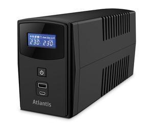 Atlantis A03-S1000P Alimentation ininterrompue, onde pseudosinusoïdale 1000 VA 600 W Line Interactive, écran LCD, double port USB frontal, 2 sorties Schuko, câble Alim intégré