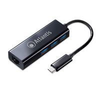 Atlantis A04-TC_LAN+HB Adaptateur USB C Type C vers LAN Ethernet RJ45 Gigabit 10/100/100, incluant HUB 3 Ports USB 3.0. Câble de 8 cm.