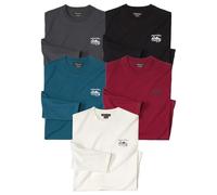ATLAS FOR MEN Lot de 5 Tee-Shirts Manches Longues Homme - Col Rond - Blanc/Noir/Bleu - Disponible en Grandes Tailles du M au 5XL