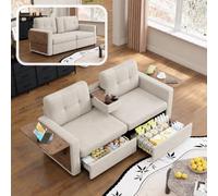 ATMKGX Canapé 2 Places, Canape Dangle avec 2 Grands Tiroirs, Tablettes Réglables aux Accoudoirs et Porte-Gobelets, Petit Canapé Modulable en Tissu Chenille Beige, Canapé Moderne pour Salon