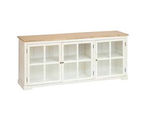 Atmosphera - Buffet Oblia 3 Portes Vitrées - Blanc Cérusé et Bois - 180 x 45 x 80 cm - pour Salon, Salle à Manger, Meuble de Rangement