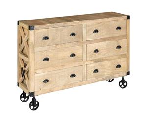 Atmosphera - Buffet sur roulettes Silas - Bois de Manguier - 150 x 105 cm - 6 Tiroirs, Style Industriel - pour Salon, Chambre, Meuble de Rangement