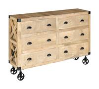 Atmosphera Buffet sur roulettes Silas, bois de manguier 150 x 105 cm, 6 tiroirs, style industriel