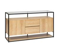 Atmosphera Créateur d'Intérieur - Buffet 2 Portes Aldea Beige Effet Bois Chêne 6 Compartiments Plateau Verre Trempé Salon, Bureau, Chambre