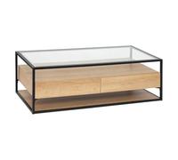 Atmosphera Créateur d'Intérieur - Table Basse Rectangle 2 Tiroirs Aldea Beige Effet Bois Chêne Structure Noire Plateau Verre Trempé Salon, Bureau