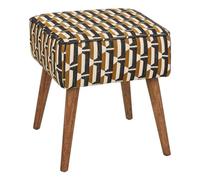 Atmosphera Créateur d'Intérieur - Tabouret d'Appoint Chiara Tissu Chenille Noir Ocre Blanc Motif Jacquard Pieds Bois Hévéa Confortable Rétro Vintage