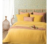 Atmosphera Parure de lit Flora Gaze de coton Jaune ocre 240x220 cm 2 taies 65x65 cm Bouton invisible