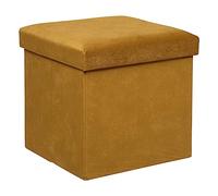 Atmosphera - Pouf Coffre Pliant Lilou Jaune Ocre, 38 x 38 cm, Velours - Siège d'Appoint, Rangement pour Salon, Chambre