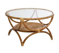 Atmosphera - Table Basse Ronde Farah - Rotin et Verre - D. 91 x H 51 cm, Double Plateau - pour Salon, Véranda