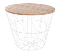 Atmosphera - Table d'Appoint Panier Kumi, Blanche et Bois, D. 38 cm, Métal Filaire, Plateau Amovible - pour Salon, Chambre, Bout de Canapé