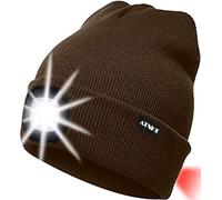 ATNKE 8LED Bonnet Lumineux en Tricot, Capuchon de Lampe-Phare Rechargeable USB et Lampe de signalisation étanche Ultra-Brillante et feu Clignotant Rouge/Brown