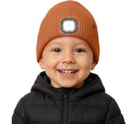 ATNKE Enfants LED Bonnet Lampe Frontale Polaire Doublé, USB Rechargeable 4 LED Course Chapeau Lumière Mains Libres Headlamp Hiver Chaud Tricot Bonnet Cadeaux pour Garçons et Filles/Caramel