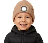 ATNKE Enfants LED Bonnet Lampe Frontale Polaire Doublé, USB Rechargeable 4 LED Course Chapeau Lumière Mains Libres Headlamp Hiver Chaud Tricot Bonnet Cadeaux pour Garçons et Filles/Brown