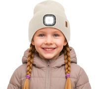 ATNKE Enfants LED Bonnet Lampe Frontale, USB Rechargeable 4 LED Chapeau Course Lumière Mains Libres Headlamp Hiver Chaud Polaire Doublé Tricot Bonnet Cadeaux pour Garçons et Filles/Beige