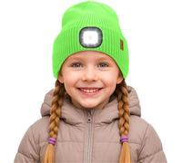 ATNKE Enfants LED Bonnet Lampe Frontale, USB Rechargeable 4 LED Chapeau Course Lumière Mains Libres Headlamp Hiver Chaud Polaire Doublé Tricot Bonnet Cadeaux pour Garçons et Filles/Fluores Green