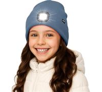 ATNKE Enfants LED Bonnet Lampe Frontale,USB Rechargeable 4 LED Chapeau de Course Ultra Lumineux Lumière Hiver Chaud Polaire Doublée Tricot Bonnet Cadeaux pour Garçons et Filles/Shadow Blue