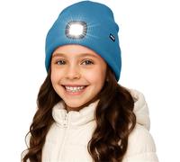 ATNKE Enfants LED Bonnet Lampe Frontale,USB Rechargeable 4 LED Chapeau de Course Ultra Lumineux Lumière Hiver Chaud Polaire Doublée Tricot Bonnet Cadeaux pour Garçons et Filles/Peacock Blue