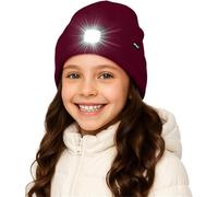 ATNKE Enfants LED Bonnet Lampe Frontale,USB Rechargeable 4 LED Chapeau de Course Ultra Lumineux Lumière Hiver Chaud Polaire Doublée Tricot Bonnet Cadeaux pour Garçons et Filles/Wine Red