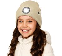 ATNKE Enfants LED Bonnet Lampe Frontale,USB Rechargeable 4 LED Chapeau de Course Ultra Lumineux Lumière Hiver Chaud Polaire Doublée Tricot Bonnet Cadeaux pour Garçons et Filles/Beige