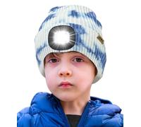 ATNKE Enfants LED Bonnet Lampe Frontale, USB Rechargeable 4 LED Chapeau de Course Ultra Lumineux Mains Libres Lumière Hiver Chaud Tricot Bonnet Cadeaux pour Garçons et Filles/Tie Dye Blue