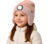 ATNKE Enfants LED Lumineux Bonnet Chapeau avec Cache Oreilles,USB Rechargeable 4 LED Course Chapeau Lampe Frontale Hiver Chaud Polaire Doublé Beanie Cadeaux pour Garçons et Filles/Skin Pink
