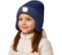 ATNKE Enfants LED Lumineux Bonnet Chapeau avec Cache Oreilles,USB Rechargeable 4 LED Course Chapeau Lampe Frontale Hiver Chaud Polaire Doublé Beanie Cadeaux pour Garçons et Filles/Navy Blue