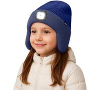 ATNKE Enfants LED Lumineux Bonnet Chapeau avec Cache Oreilles,USB Rechargeable 4 LED Course Chapeau Lampe Frontale Hiver Chaud Polaire Doublé Beanie Cadeaux pour Garçons et Filles/Light Navy Blue