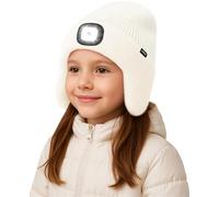 ATNKE Enfants LED Lumineux Bonnet Chapeau avec Cache Oreilles,USB Rechargeable 4 LED Course Chapeau Lampe Frontale Hiver Chaud Polaire Doublé Beanie Cadeaux pour Garçons et Filles/Snow Beige