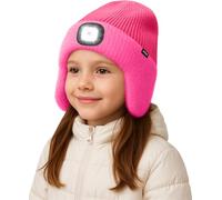 ATNKE Enfants LED Lumineux Bonnet Chapeau avec Cache Oreilles,USB Rechargeable 4 LED Course Chapeau Lampe Frontale Hiver Chaud Polaire Doublé Beanie Cadeaux pour Garçons et Filles/Rose Red
