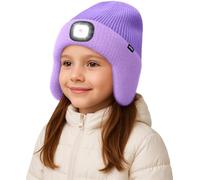 ATNKE Enfants LED Lumineux Bonnet Chapeau avec Cache Oreilles,USB Rechargeable 4 LED Course Chapeau Lampe Frontale Hiver Chaud Polaire Doublé Beanie Cadeaux pour Garçons et Filles/Taro Purple
