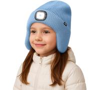 ATNKE Enfants LED Lumineux Bonnet Chapeau avec Cache Oreilles,USB Rechargeable 4 LED Course Chapeau Lampe Frontale Hiver Chaud Polaire Doublé Beanie Cadeaux pour Garçons et Filles/Shadow Blue