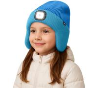ATNKE Enfants LED Lumineux Bonnet Chapeau avec Cache Oreilles,USB Rechargeable 4 LED Course Chapeau Lampe Frontale Hiver Chaud Polaire Doublé Beanie Cadeaux pour Garçons et Filles/Peacock Blue