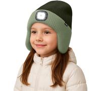 ATNKE Enfants LED Lumineux Bonnet Chapeau avec Cache Oreilles,USB Rechargeable 4 LED Course Chapeau Lampe Frontale Hiver Chaud Polaire Doublé Beanie Cadeaux pour Garçons et Filles/Dark Army Green