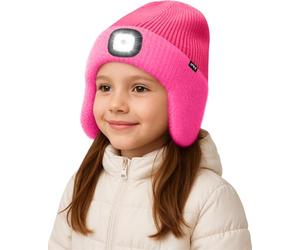 ATNKE Enfants LED Lumineux Bonnet Chapeau avec Cache Oreilles,USB Rechargeable 4 LED Course Chapeau Lampe Frontale Hiver Chaud Polaire Doublé Beanie Cadeaux pour Garçons et Filles/Rose Red