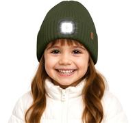 ATNKE Enfants LED Lumineux Bonnet Chapeau,USB Rechargeable 4 LED Course Lumière Mains Libres Lampe Frontale Hiver Chaud Polaire Doublé Tricot Beanie Cadeaux pour Garçons et Filles/Dark Army Green