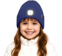 ATNKE Enfants LED Lumineux Bonnet Chapeau,USB Rechargeable 4 LED Course Lumière Mains Libres Lampe Frontale Hiver Chaud Polaire Doublé Tricot Beanie Cadeaux pour Garçons et Filles/Light Navy Blue