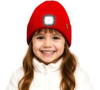 ATNKE Enfants LED Lumineux Bonnet Chapeau,USB Rechargeable 4 LED Course Lumière Mains Libres Lampe Frontale Hiver Chaud Polaire Doublé Tricot Beanie Cadeaux pour Garçons et Filles/Red