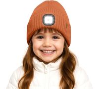 ATNKE Enfants LED Lumineux Bonnet Chapeau,USB Rechargeable 4 LED Course Lumière Mains Libres Lampe Frontale Hiver Chaud Polaire Doublé Tricot Beanie Cadeaux pour Garçons et Filles/Caramel