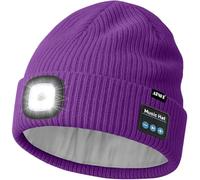 ATNKE LED Bluetooth Bonnet Lampe Frontale, USB Rechargeable 4 LED sans Fil Musique Parleur Course Chapeau Hiver Chaud Tricot Bonnet avec Polaire Doublé Cadeaux pour Homme Papa et Femme/Inner Purple